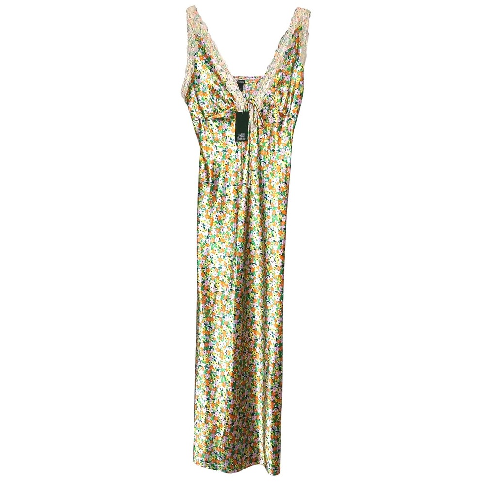 Cottagecore Wild Fable Floral Satin Maxi Dress Womens Small Multicolor Lace Trim